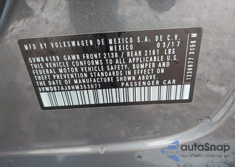 2017 Volkswagen Jetta 1.4T Se z USA, uszkodzony, nr VIN 3VWDB7AJ8HM353071